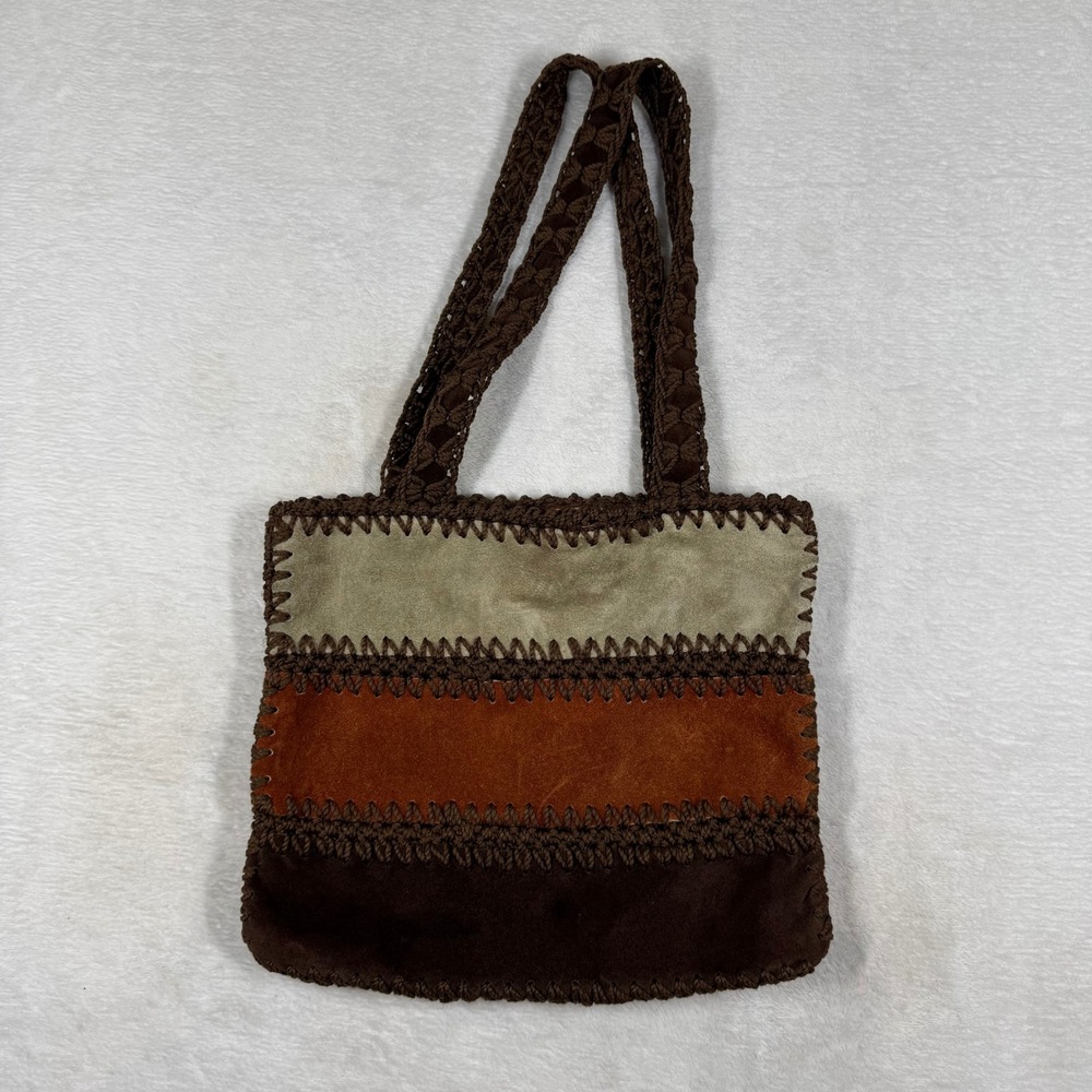 Vintage Walborg Boho Suede Crochet Patchwork Tote Bag Rust Colorblock 70s Style